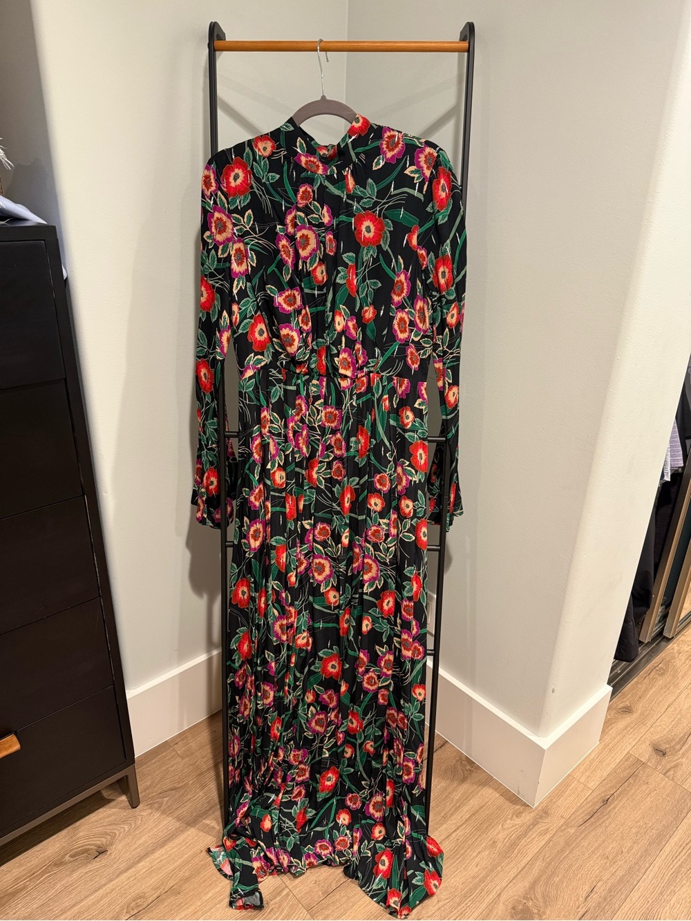 Misa Los Angeles Black Maxi Dress with Red & Pink Floral Print